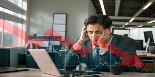 Depressed businessman holding hands on bowed head looking at declining graph