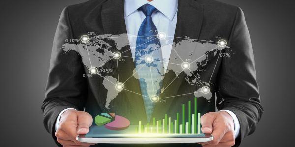 Businessman with tablet pc showing social connected