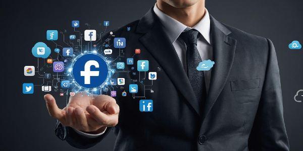 A man in a suit holds his phone with social media icons on it