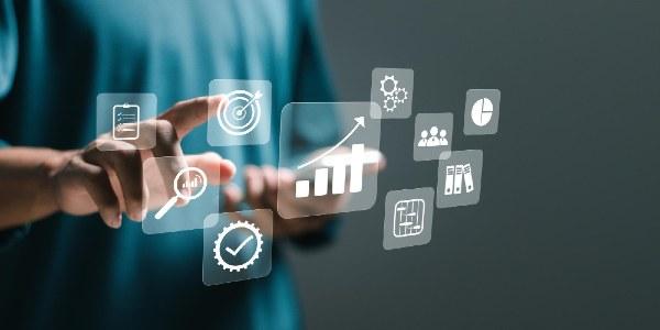 Kpi business analytics concept businessman touch virtual screen of data analytics report