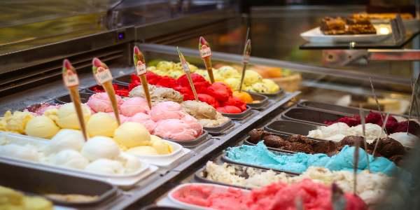 Colorful ice cream display in a shop