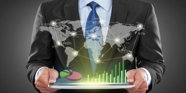 Businessman with tablet pc showing social connected