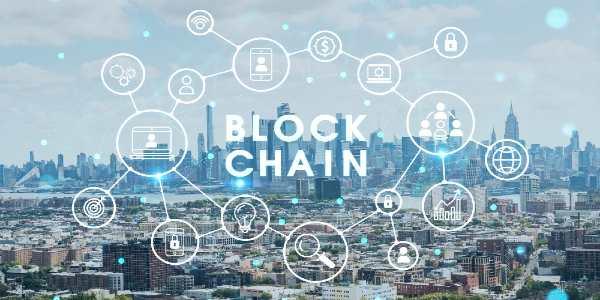 Residential neighborhood decentralized economy blockchain and cryptocurrency concept hologram