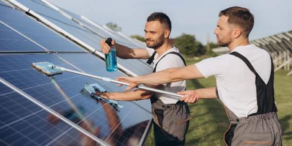 Labor working on cleaning solar panel at solar power plant professional cleaning solar panels