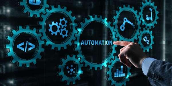 Automation technology process businessman is pressing on the virtual screen