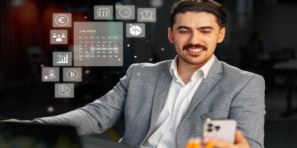 Business professional engages with digital interface while working in modern office