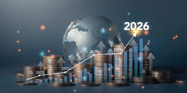 Stacked coins with map and financial graph growth investment trends and profit in 2026 and strategy business