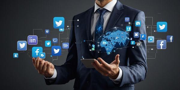 A man in a suit holds his phone with social media icons on it