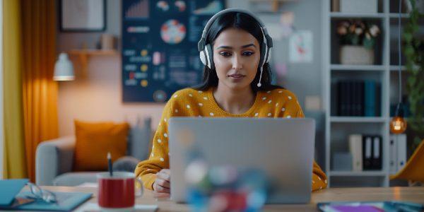 Positive young indian woman in headset online teacher blogger coach giving webinar lecture